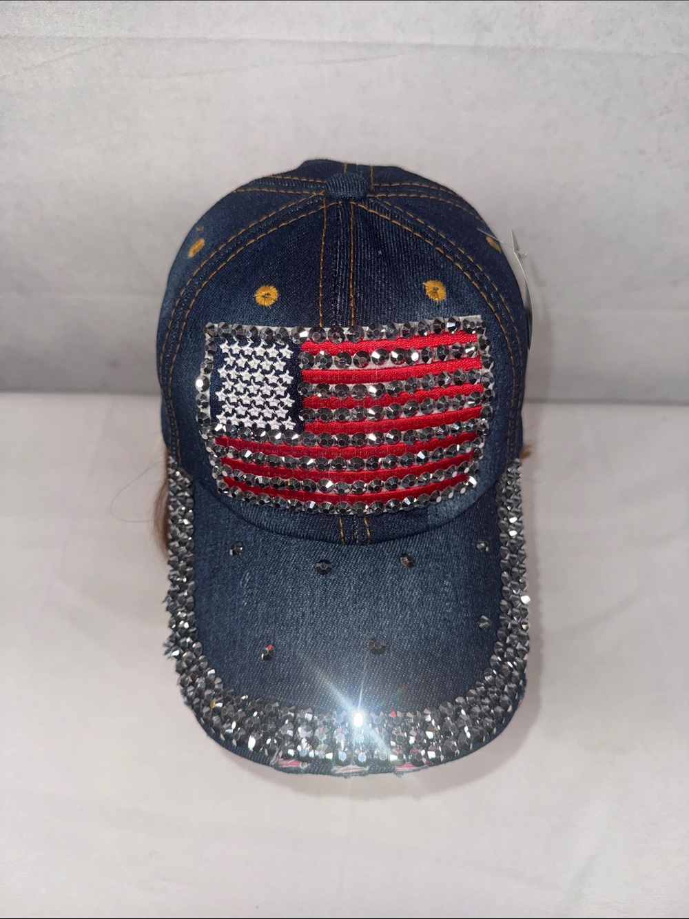Denim Rhinestone Baseball Cap with American Flag